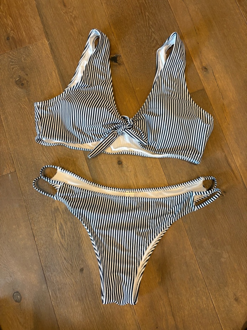 Striped Knot Front Bikini Set - Navy & White